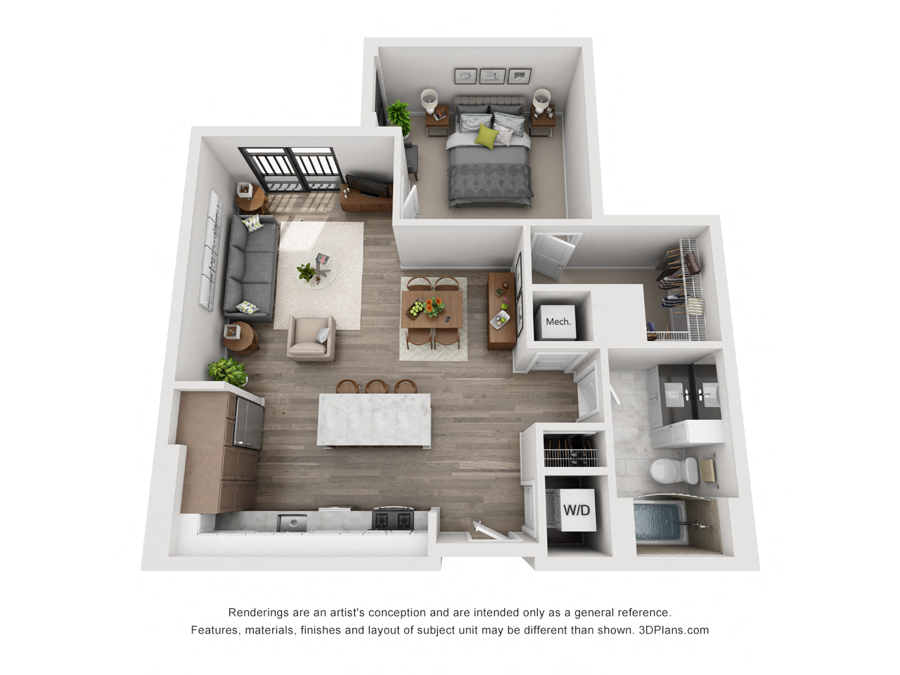Floor plan for 1 bed, 1 bath, 818 sqft